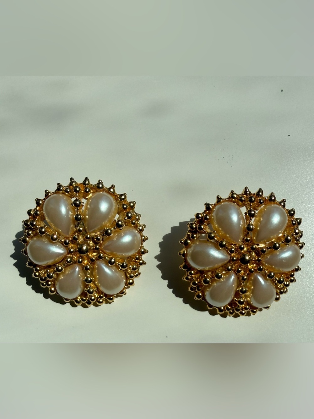St John Vintage Gold Tone Faux Pearl Floral Sunburst Clip On Earrings Statement